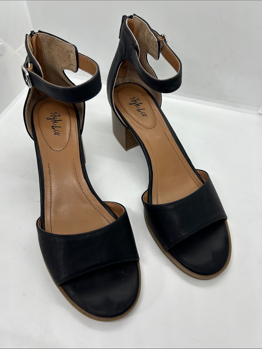 Style & Co Katerina Black Block Heel Sandals Ankle Strap Comfort 9M